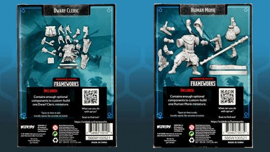 Hero Forge alternative Frameworks by WizKids - the back of two Frameworks packets, showing the multiple options for constructing figures