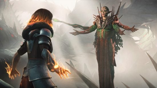 MTG artwork showing Chandra confronted by Phyrexian Nissa