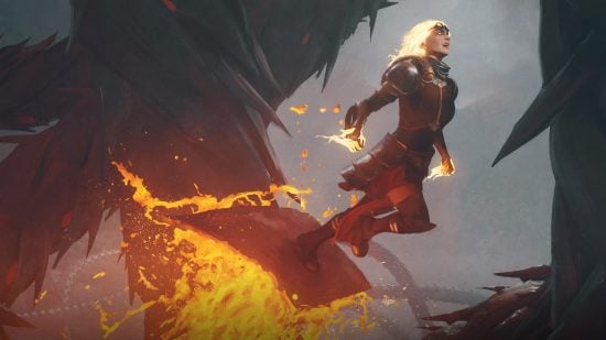 MTG Chandra flying through the air with fire magic