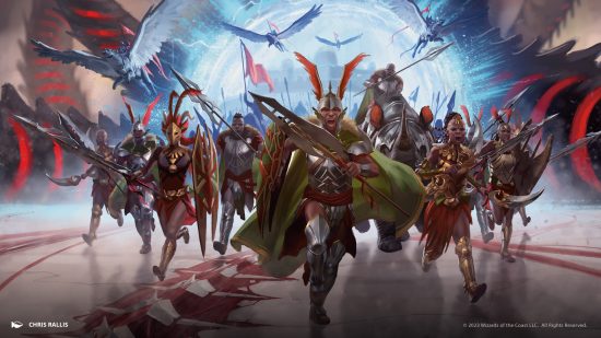 MTG March of the Machine artwork showing Zhalfir's warriors joining the fight