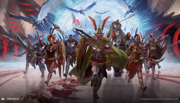 MTG March of the Machine artwork showing Zhalfir's warriors joining the fight