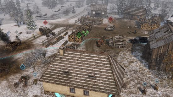 Men of War 2 screenshot showing a wintery town and troops