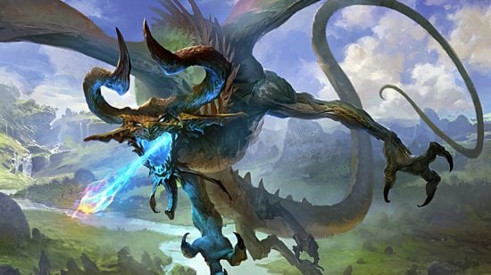 MTG Elder Dragon- artwork of Nicol Bolas breathing blue fire.