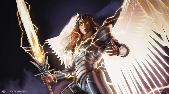 MTG Planeswalker Archangel Elspeth art from March of the Machine - artwork by Deny Tsiperko showing Elspeth, an angel with golden wings, glowing sword, armour, and a crown