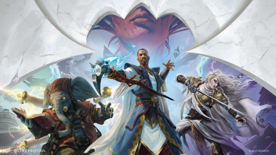 MTG March of the Machines story hints - banner image for MoM by Wizards of the Coast, with Teferi, a Stryxhaven mage and an Innistrad cathar