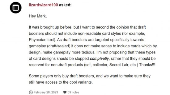 MTG Phyrexian Language draft mistake - Tumblr question on Mark Rosewater's blog, asked by Lizardwizard100