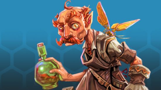 A human Pathfinder Alchemist holding a potion bottle (art by Paizo)
