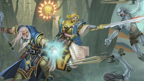 Pathfinder classes - Paizo art of a Cleric and Wizard fighting the undead