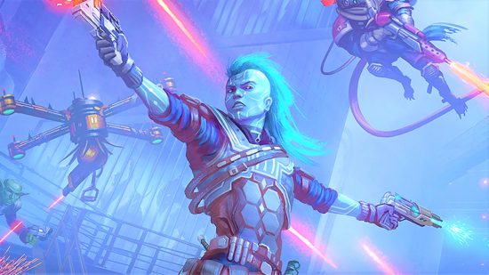 Pathfinder condems AI art - Paizo art of a sci-fi character with blue hair firing two laser pistols in battle