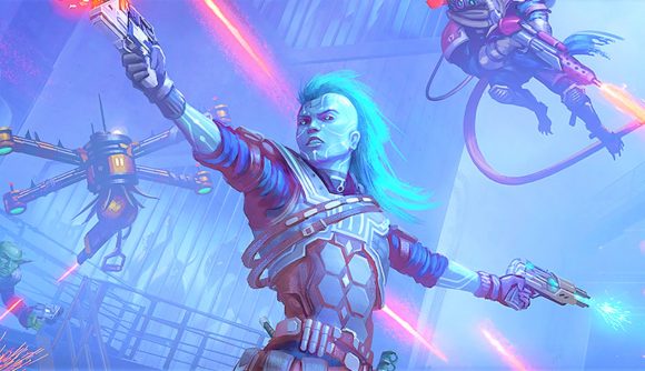 Pathfinder condems AI art - Paizo art of a sci-fi character with blue hair firing two laser pistols in battle