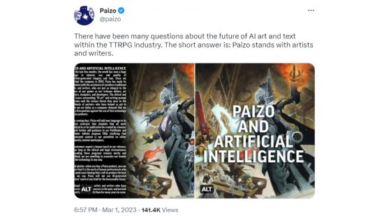 Pathfinder condemns AI art - tweet from Paizo