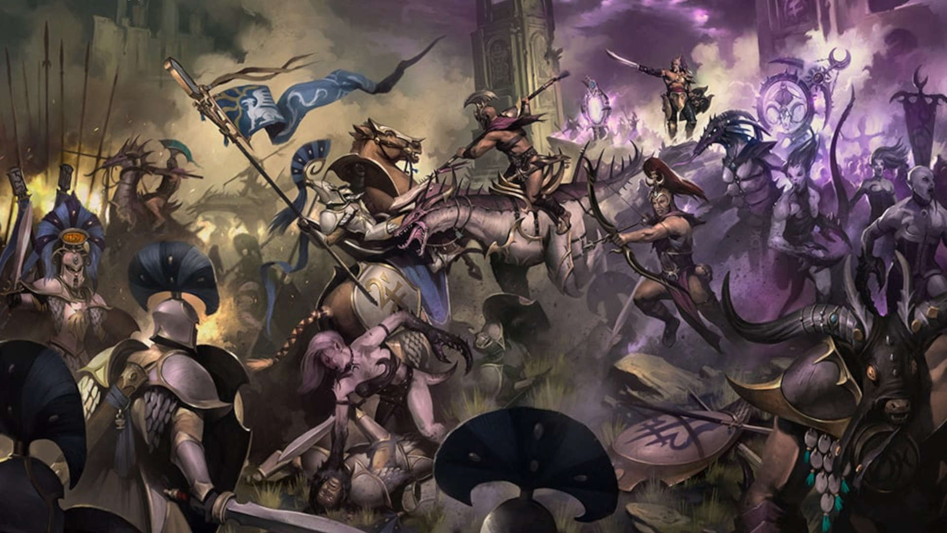 New Warhammer Slaanesh book is afraid of sex - illustration by Games Workshop of Hedonites of Slaanesh racing into the lines of Lumineth Aelves