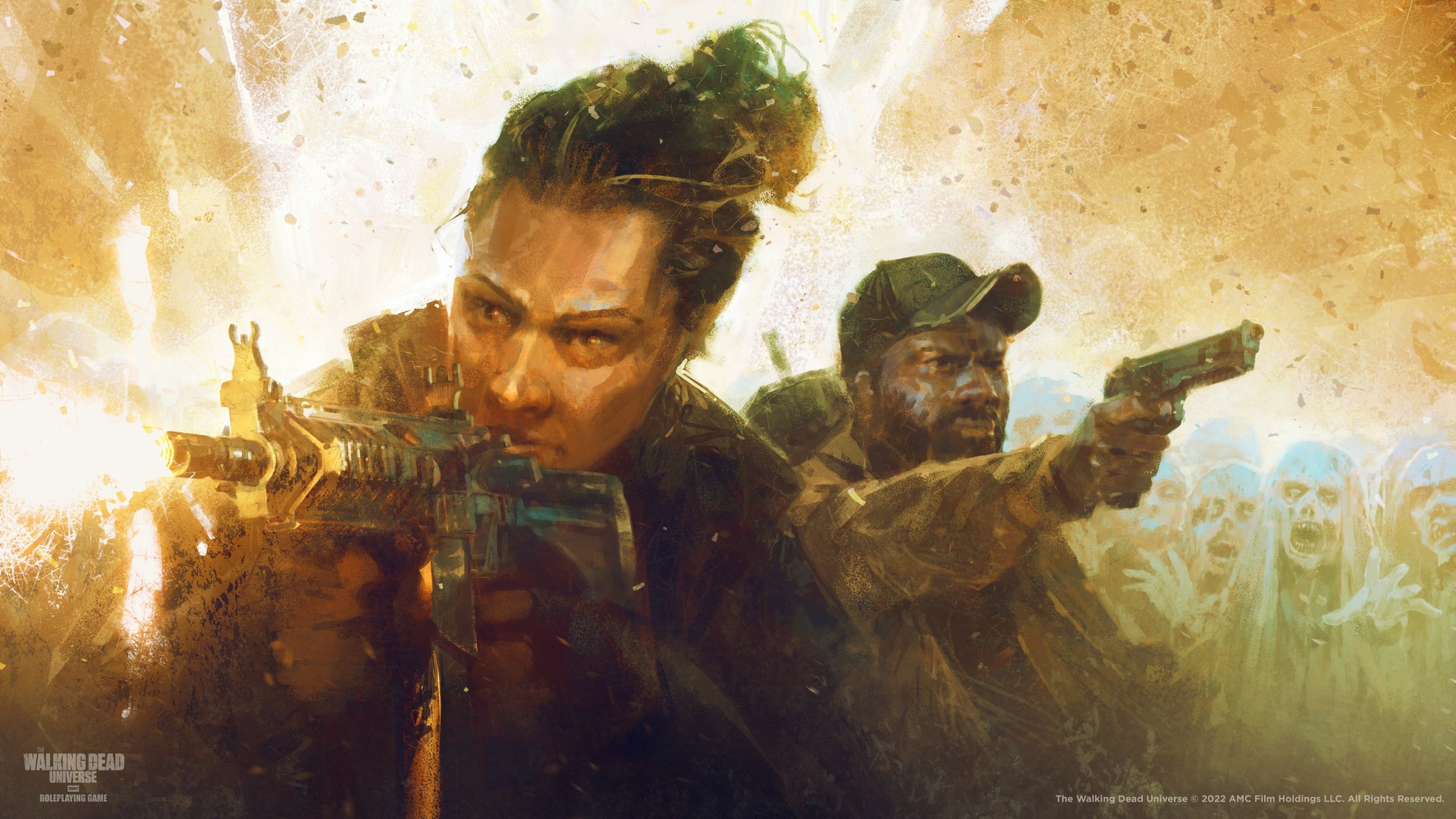 Free League Publishing art of two characters from The Walking Dead RPG aiming guns