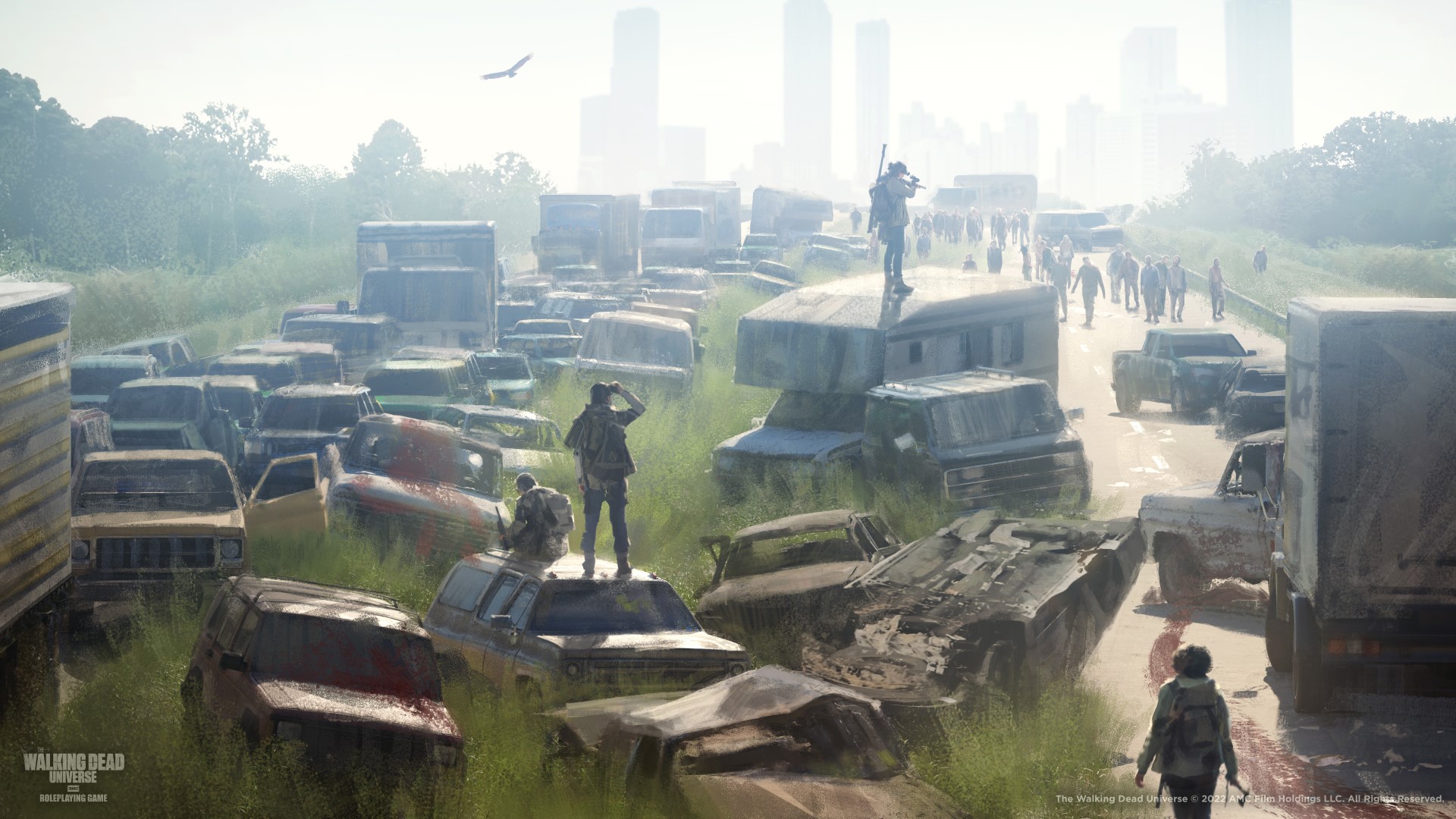 Free League Publishing art of The Walking Dead RPG, showing a pile-up of cars