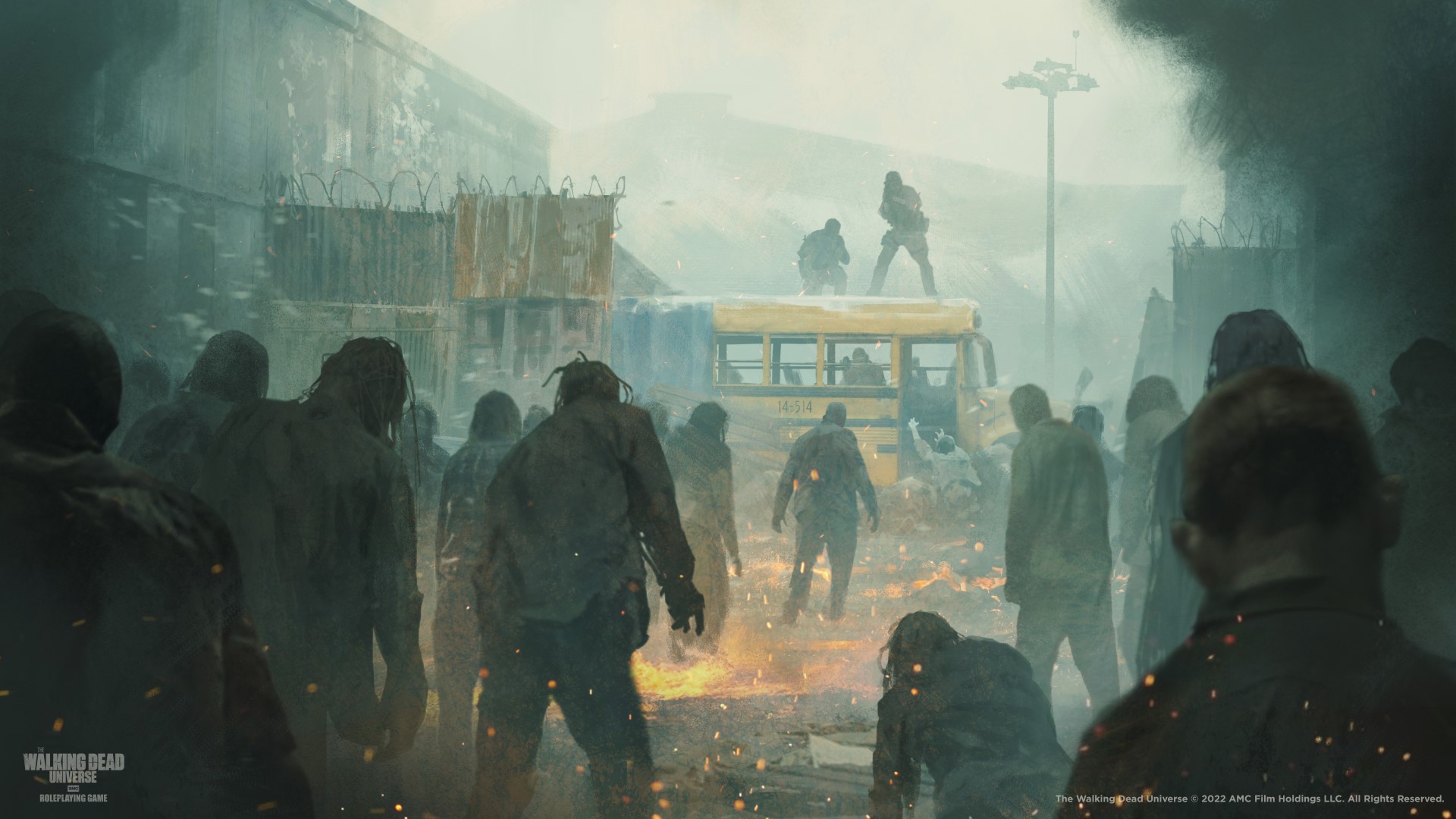 Free League Publishing art for The Walking Dead RPG, showing a horde of Walkers approaching survivors on a schoolbus