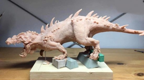 Total War Warhammer 3 Dread Saurian - a pink Sculpey mockup of a crocodilian monster