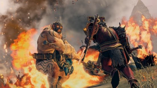 Total War Warhammer 3 Races and Factions - screenshot of an Ogre Kingdoms firebreathing sorcerer fighting a Khorne champion, by Creative Assembly