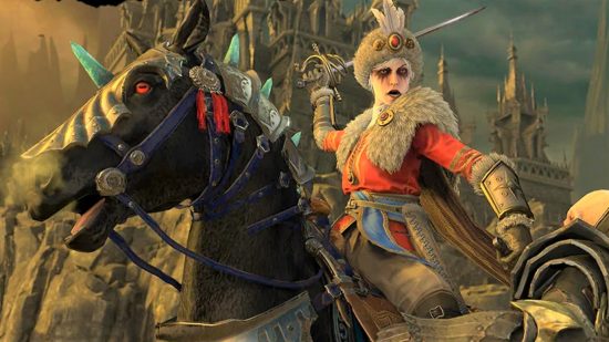 Total War Warhammer 3 Vampire Hero riding a red-eyed Warhorse