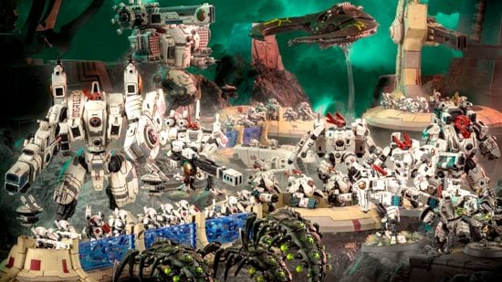 Warhammer 40k 10th edition revealed, coming Summer 2023 - Warhammer Community image showing a force of Tau Empire models fighting Necrons