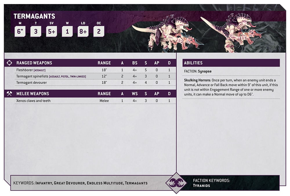 Warhammer 40k 10th edition revealed, coming Summer 2023 - Warhammer Community image showing the brand new 10th edition datasheet for the Tyranid termagants unit