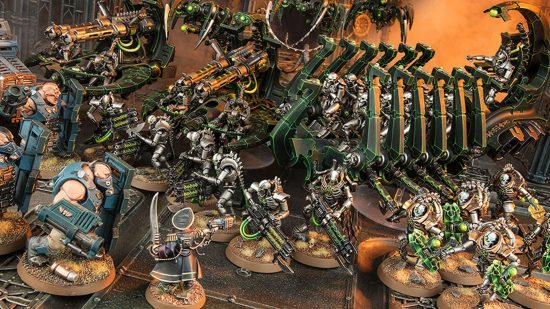 Warhammer 40k 10th edition rules should stay free - photo by Games Workshop of skeletal metal Necrons clashing with the Imperial Guard