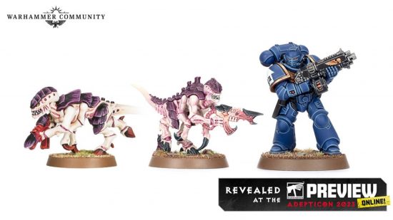 Warhammer 40k 10th edition Termagant model compared with a 9th edition Termagant and a Space Marine mini (image from Warhammer Community)