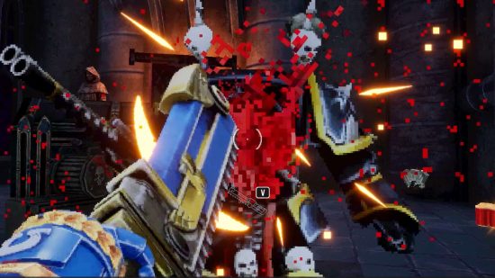 Warhammer 40k Boltgun preview: screenshot, the player strikes a terminator with a space marine chainsword