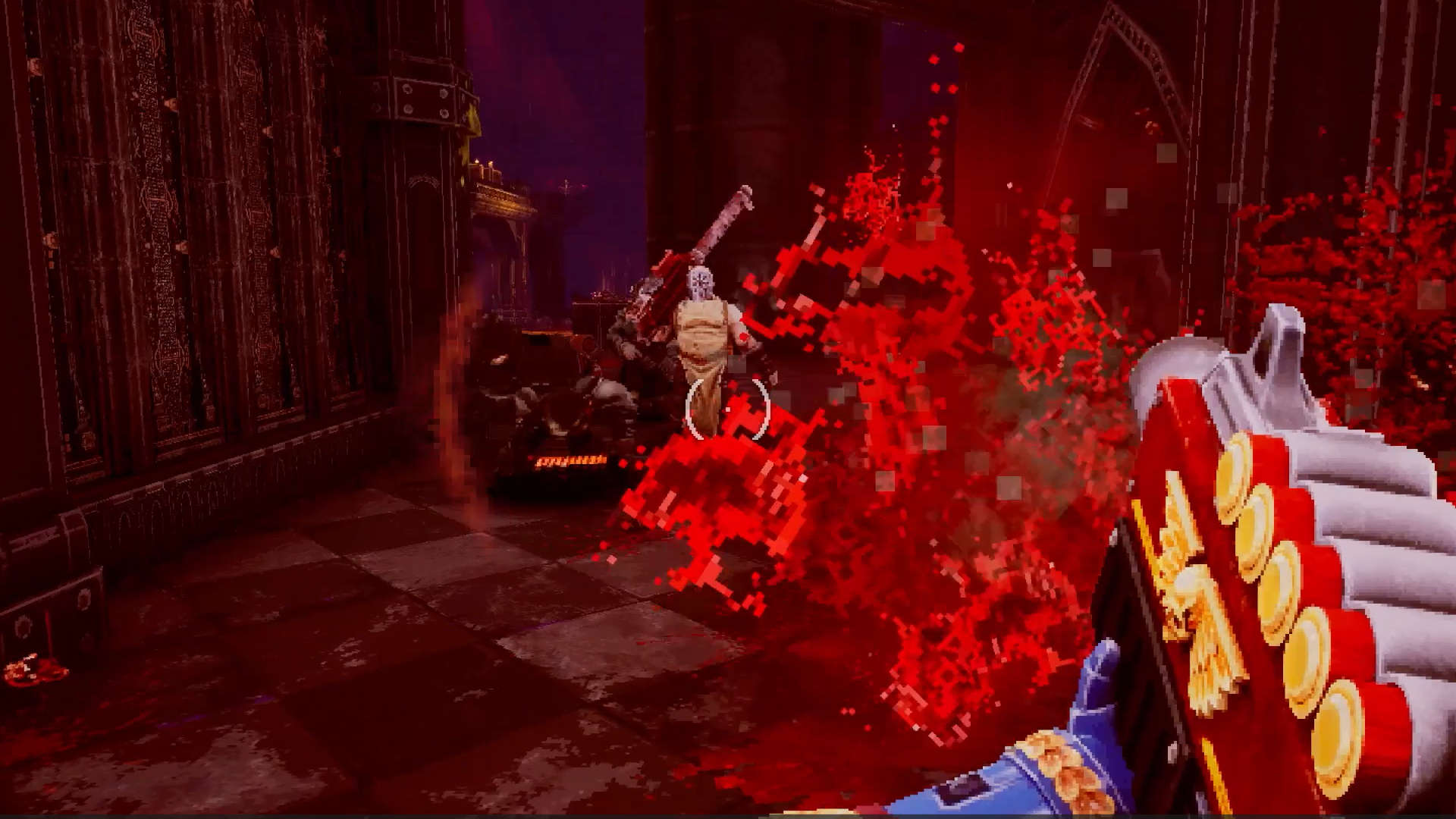 Warhammer 40k Boltgun: screenshot, a mist of gore is all that remains of a cultist after they take a shotgun blast