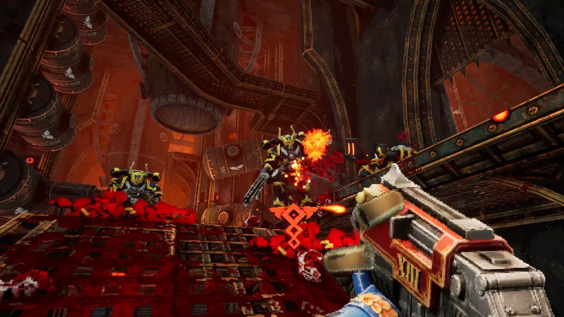 Warhammer 40k Boltgun release date, screenshot by Auroch Digital - FPS game shooting a boltgun at a chaos space marine