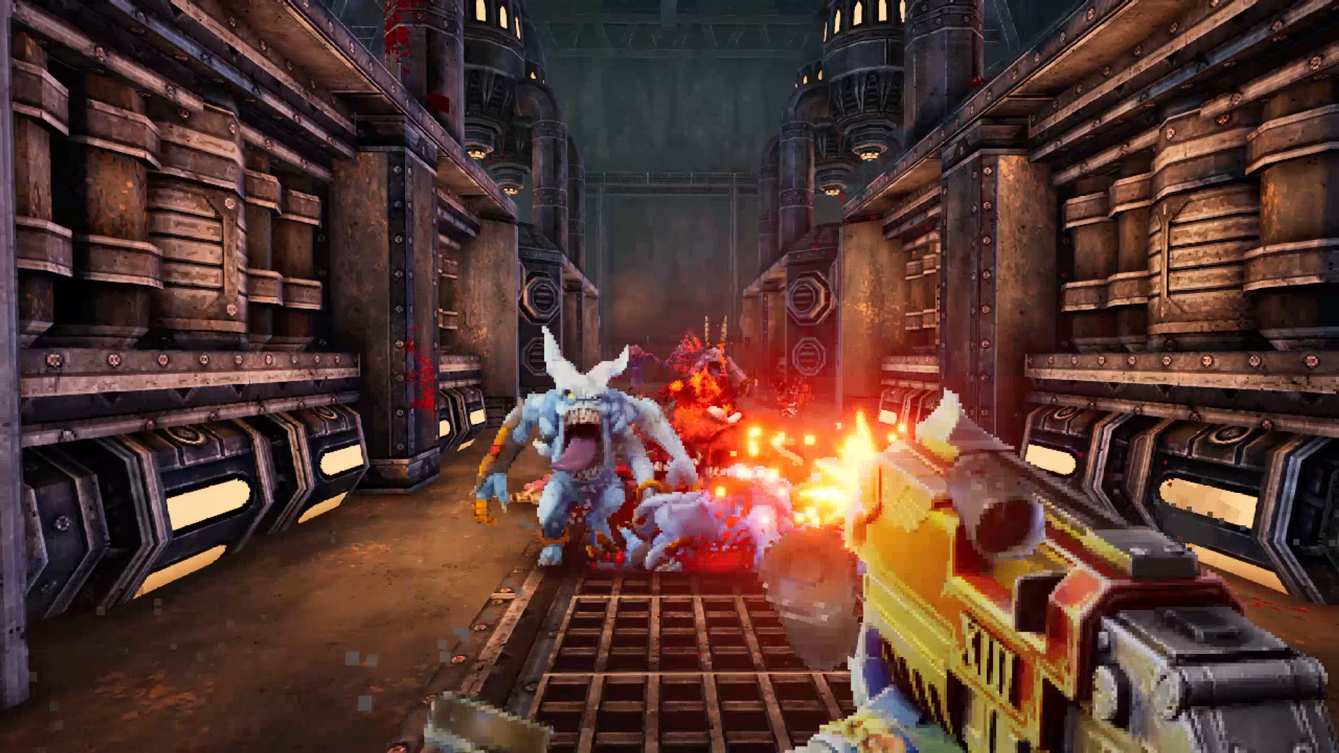 Warhammer 40k Boltgun release date, screenshot by Auroch Digital - FPS game shooting a boltgun at a blue horror daemon
