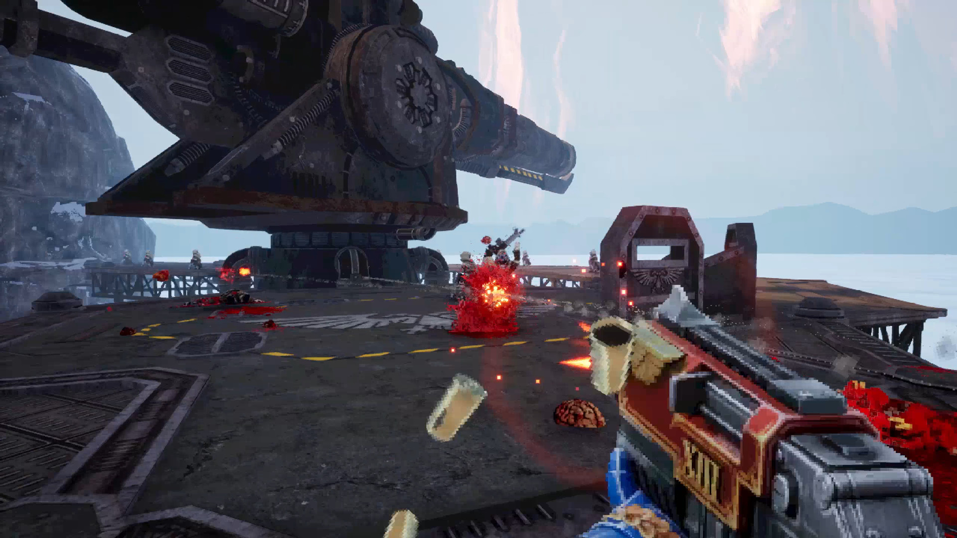 Warhammer 40k Boltgun release date, screenshot by Auroch Digital - FPS game shooting a boltgun near a huge macrocannon