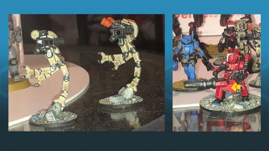 Veteran Warhammer 40k designers new mech wargame Zeo Genesis - photo of Gav Thorpe of minis painted by Andy Chambers, tripod drones and soldiers in power armour