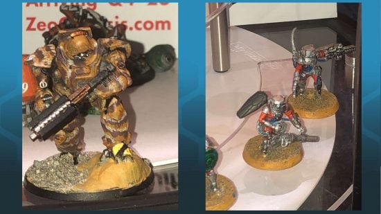 Veteran Warhammer 40k designers new mech wargame Zeo Genesis - photo of Gav Thorpe of minis painted by Andy Chambers, a soldier in power armour ana pair of troopers in strange suits