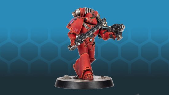 Warhammer 40k Horus Heresy legion despoiler squad Blood Angel marine - model photography by Games Workshop of a warrior in red power armour, wielding a chainsword and bolt pistol