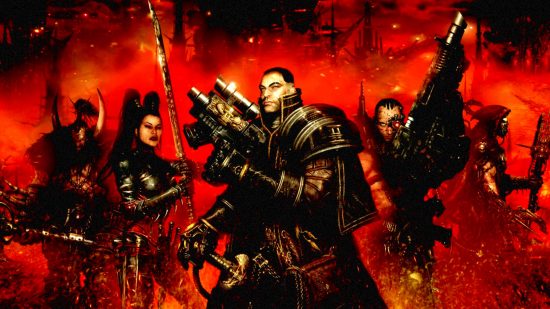 March 2023 Humble Bundle packed with Warhammer 40k RPGs - cover illustration for Dark Heresy by Clint Langley - a party of black armoured Inquisitorial servants in front of a red background