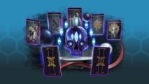 Warhammer 40k RPG Imperium Maledictum perils of the warp - depiction of a skull and tarot cards by Cubicle7