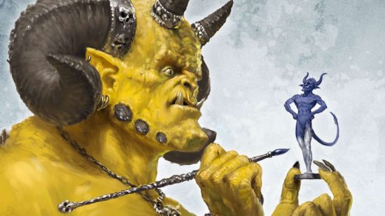Paint your Warhammer models like the box art - artwork by Games Workshop, a golden daemon paints a small blue daemon figure