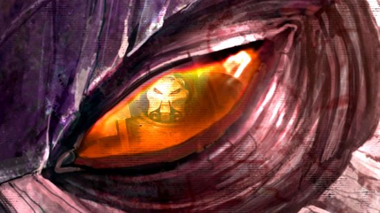 Warhammer 40k Space Hulk teaser from GW - illustration from Games Workshop of an alien Tyranid's eye reflecting a Space Marine in heavy Terminator armour plate