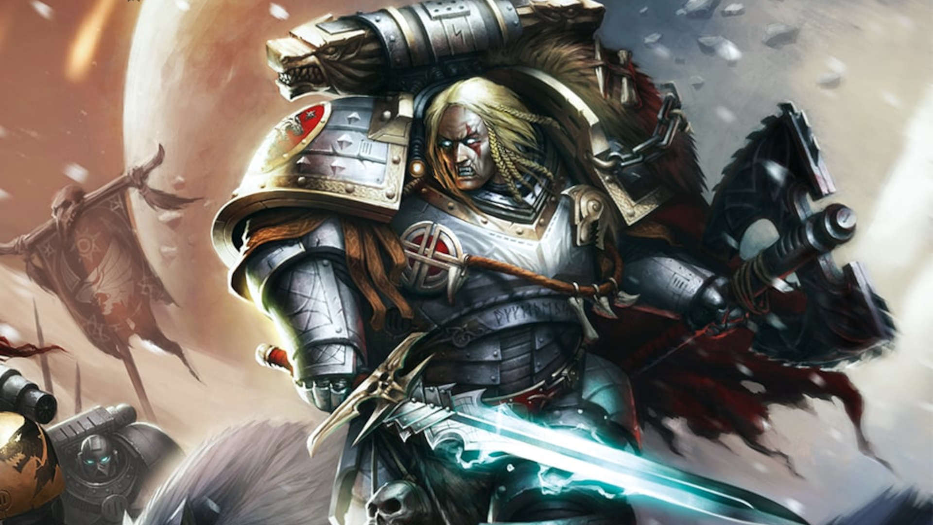 Warhammer 40k Space Wolves Primarch Leman Russ - illustration by Games Workshop of a huge, glowering warrior with wild blonde hair, clad in layered grey power armour, wielding a crackling sword