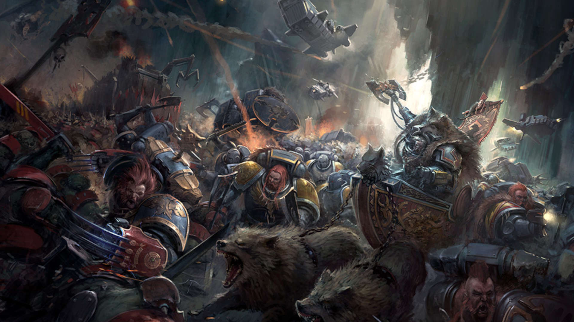 Warhammer 40k Space Wolves illustration by Games Workshop - a huge force of grey-armoured warriors surge to war, surrounded by wolves, their leader in a great hovering chariot
