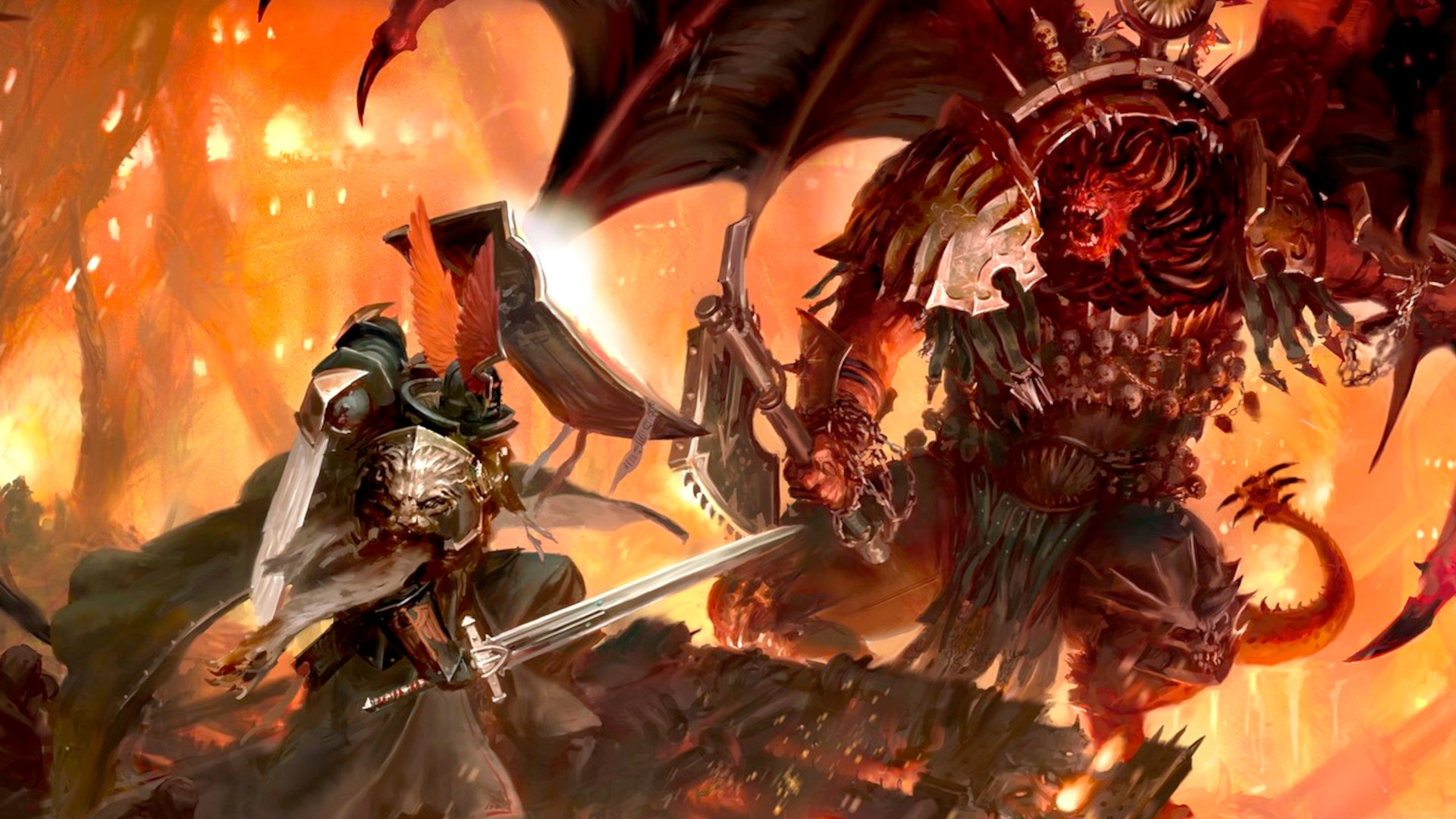 Warhammer 40k Lion El Jonson model Adepticon 2023 reveal - Warhammer Community artwork showing Lion El Jonson battling Angron face to face