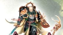Warhammer 40k Lion El Jonson model Adepticon 2023 reveal - Warhammer Community image showing a full frontal picture of the new Lion El Jonson model, zoomed in