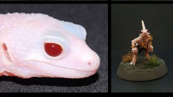 Warhammer Blood Bowl Lizardmen team painted by Immaterial Creations to look like real lizards - leucistic leopard gecko