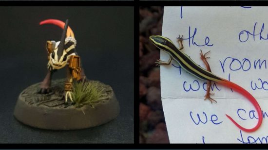 Warhammer Blood Bowl Lizardmen team painted by Immaterial Creations to look like real lizards - Western Red tailed skink