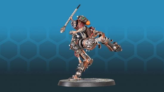 Warhammer recycling partner TerraCycle explains their process - photograph by Games Workshop of a Cawdor ganger riding a recycled pair of robot legs