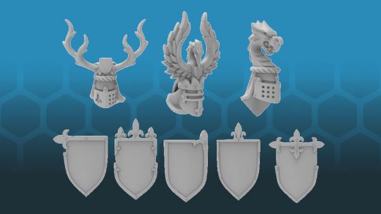 Warhammer: The Old World mini previews: 3d sculpts of Bretonnian helms and shields by Games Workshop