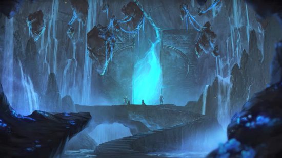 DnD Alchemy - a blue cave with a large winding stone staircase in the centre