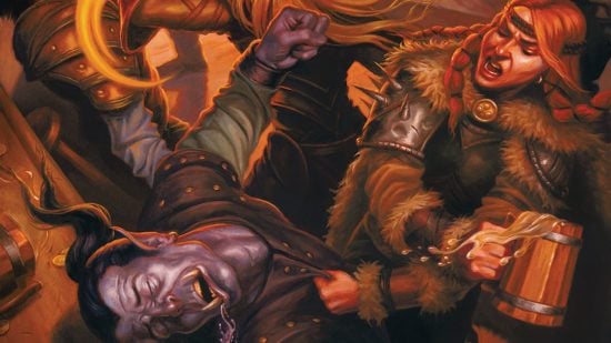 DnD Barbarian subclasses 5e - Wizards of the Coast art of a D&D Barbarian in a bar fight