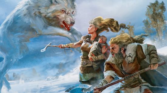 DnD Barbarian subclasses 5e - Wizards of the Coast art of a D&D Barbarian family fending off a wolf