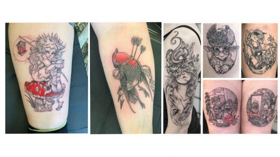DnD - tattoos in a handdrawn illustration style, showing animals and mythical creatures from the UK